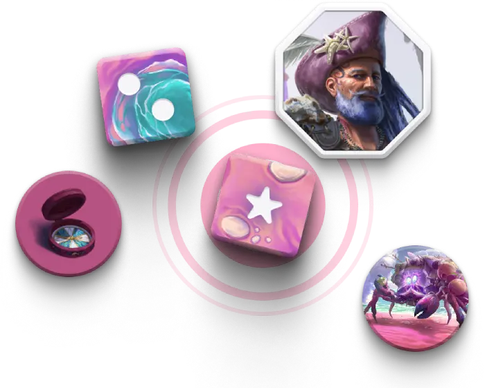A selection of digital board game paraphernalia is scattered on the screen. We see two coral-colored dice, one bearing the number 2, the other bearing a star. Two tokens feature a compass and a crab, respectively. And another octagonal token features the face of a pirate.