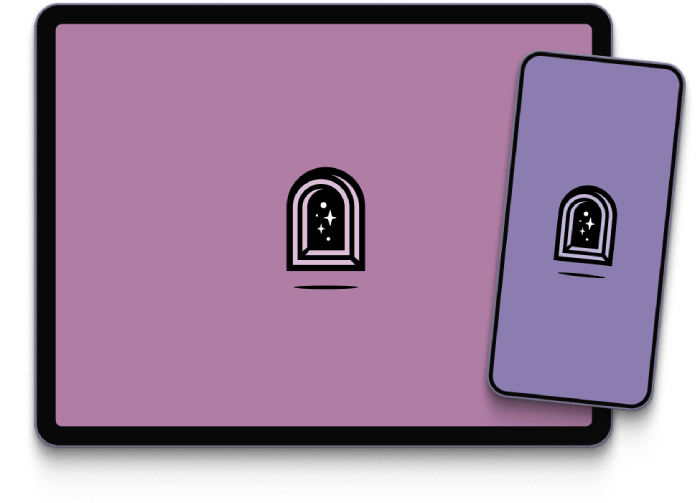 A tablet and a smartphone each depict the Riftweaver logo on a purple background. The logo looks like a magical portal with stars twinkling inside it.